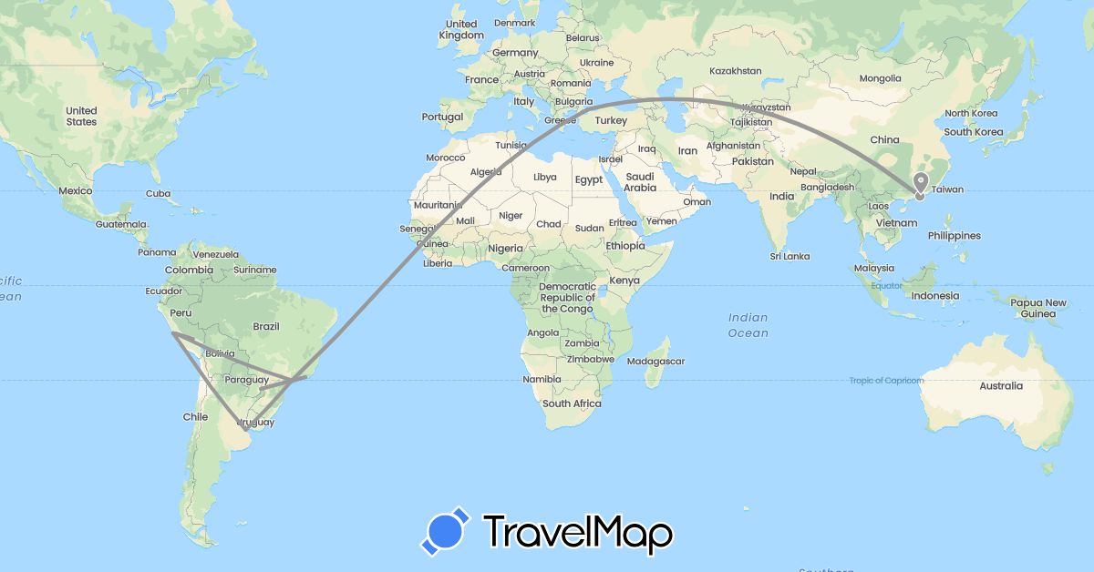 TravelMap itinerary: driving, plane in Argentina, Brazil, China, Peru, Turkey (Asia, South America)